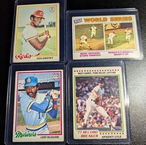 Lot of 4 Topps Baseball Cards: Sparky Lyle; 1976 World Series; Ken Griffey
